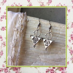 🌸 AZTEC EARRINGS TRIANGLE DANGLE DROP BOHEMIAN SILVER FESTIVAL BOHO CHIC ARTSY